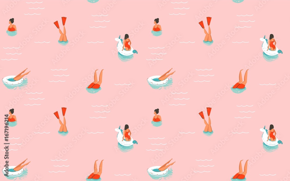 Hand drawn vector abstract cartoon summer time fun illustration seamless pattern with swimming people isolated on pink background Hand drawn vector abstract cartoon summer time fun illustration seamless pattern with swimming people isolated on pink background