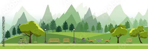 nature landscape with garden,public park,camping BBQ Grill outdoor, picnic,vector illustration