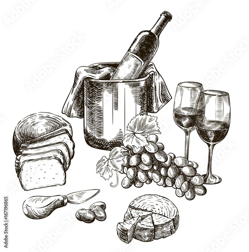 red wine bottle and snacks. set of vector sketches on white