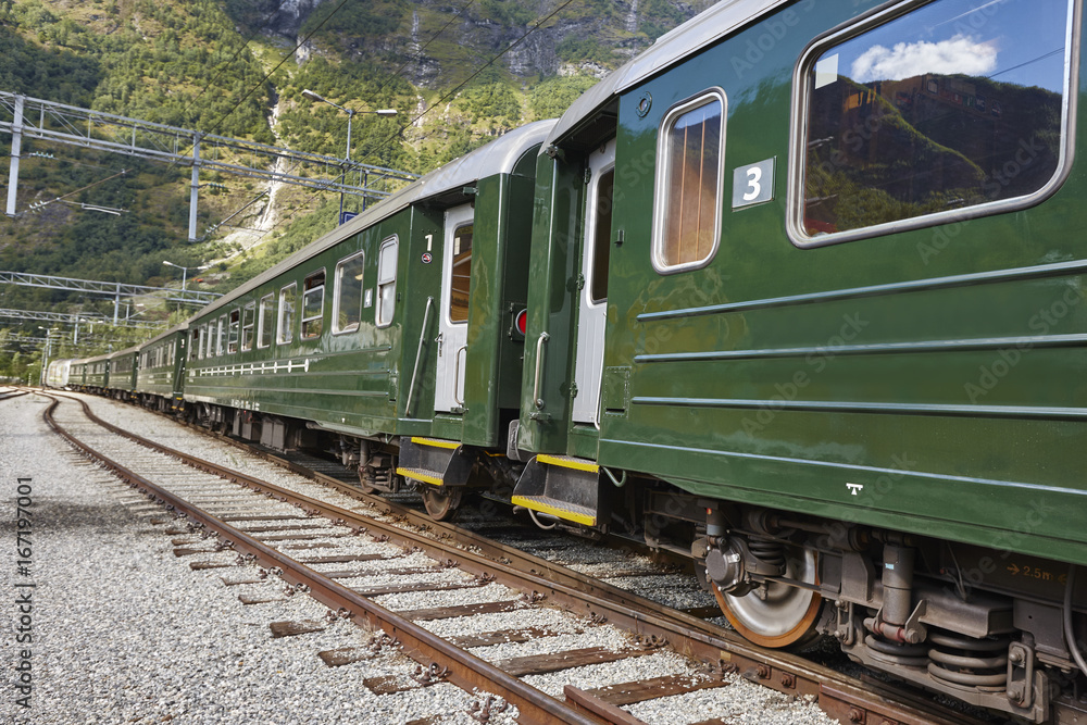 Fototapeta premium Flam train wagon in Norway. Norwegian tourism highlight. Railway