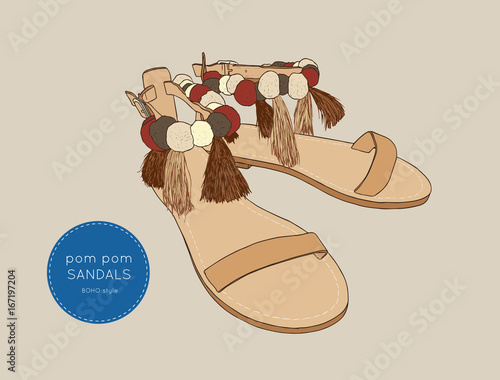 pom pom sandals Bohemian fashion style vector.
