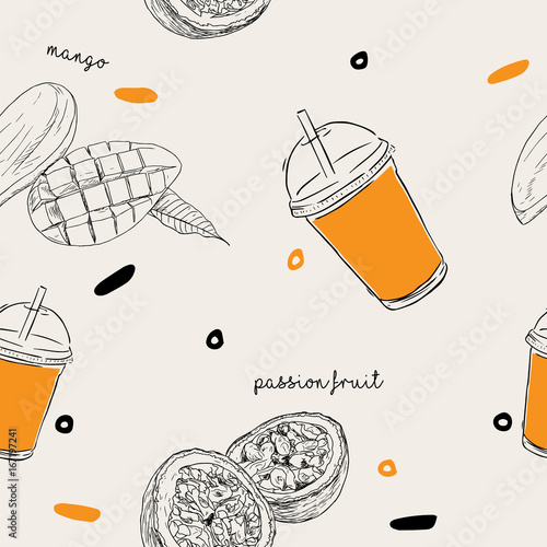 mango and passion fruit smoothie seamless pattern