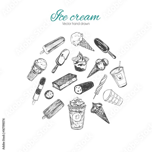 Hand drawn ice cream set. Vector isolated objects