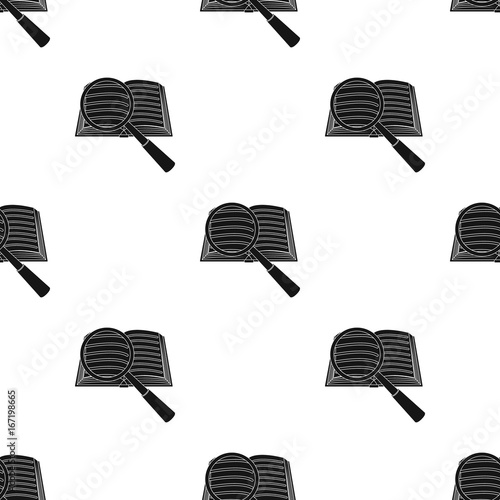 Seraching of information in the book icon in black style isolated on white background. Library and bookstore symbol stock vector illustration.
