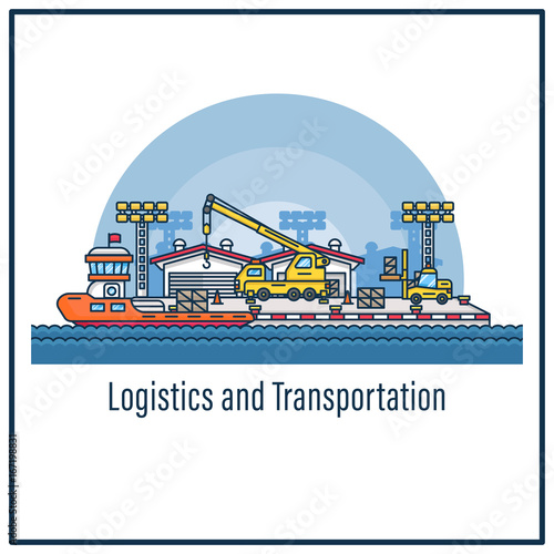 Logistics and Transportation, Seaport Shipping Operations, Loading and Unloading Materials, Cargo Operations at Seaport, Vector illustration flat outline style