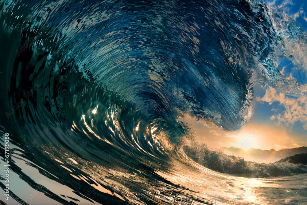 rough colored ocean wave falling down at sunset time - obrazy, fototapety, plakaty 