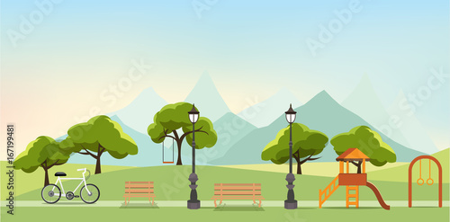 nature landscape with garden,public park, amusement park, vector illustration