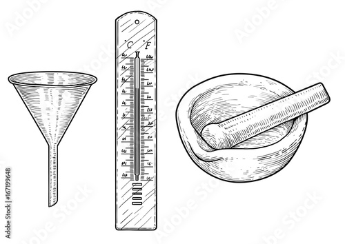 Funnel, thermometer and mortar illustration, drawing, engraving, ink, line art, vector