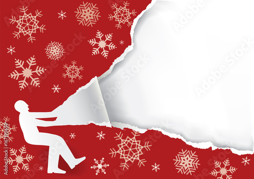 Unpacking a large Christmas gift. 
Paper male silhouette ripping red christmas paper background. Vector available. 