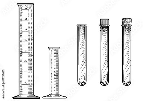 Measuring cylinder and tube illustration, drawing, engraving, ink, line art, vector