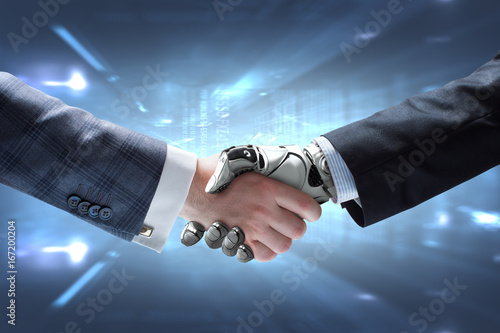 Business man and robot handshake against shining digital background