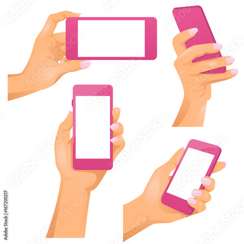 Female hands in realistic style with phones in them / There is illustration of naked female hands in different positions with phones in them. Gradient illustration in realistic style
