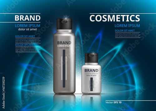 Cosmetic package ads template. Shampoo or shower gel, skincare products in silver bottles. Mockup 3D Realistic illustration. Sparkling water drops background