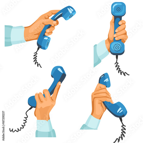 Male hands with telephones in them / There is illustration of male hands in different positions with blue telephone tubes in them. Hands are in blue shirt sleeves
