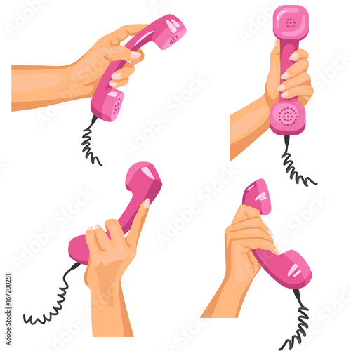 Female hands with telephones in them / There is illustration of female hands in different positions with pink telephone tubes in them
