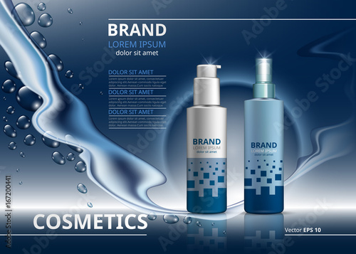 Cosmetic package ads template. Skin care gel or mousse bottles. Mockup 3D Realistic illustration. Sparkling water drops background
