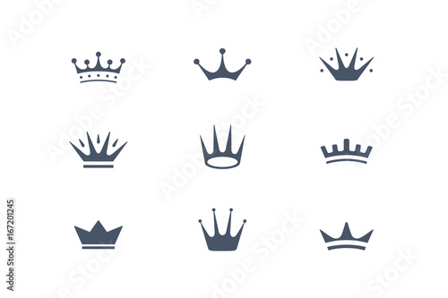 Set of royal crowns, icons and logos. Isolated luxury logo for branding, label, hotel, graphic design. Collection logos of crowns for royal persons, king, queen, princess. Vector Illustration