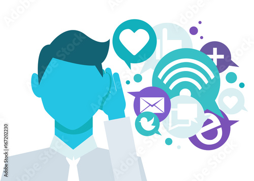 Banner Social listening. The man leaned his hand to his ear, and listens to icons