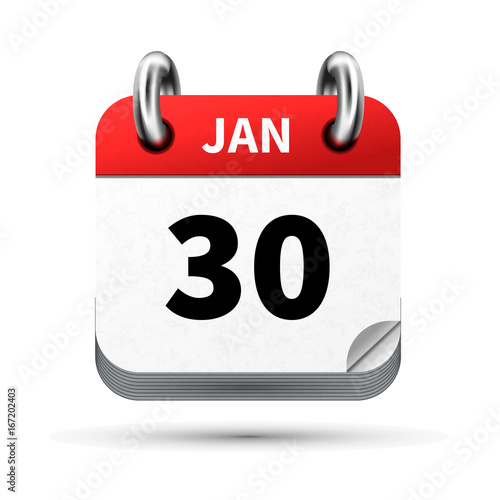 Bright realistic icon of calendar with 30 january date isolated on white