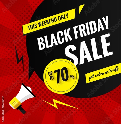 Black friday sale banner.Sale poster with geometric shapes and megaphone. Vector background in pop art style.; Vector illustration.
