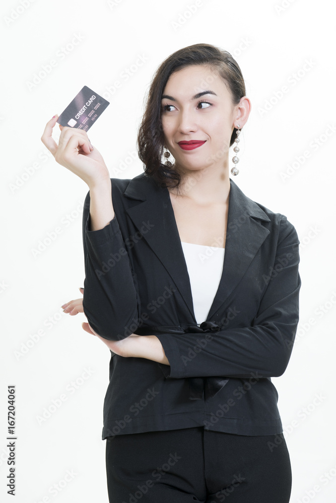 Businesswoman with credit card on a white background Businesswoman with credit card on a white background