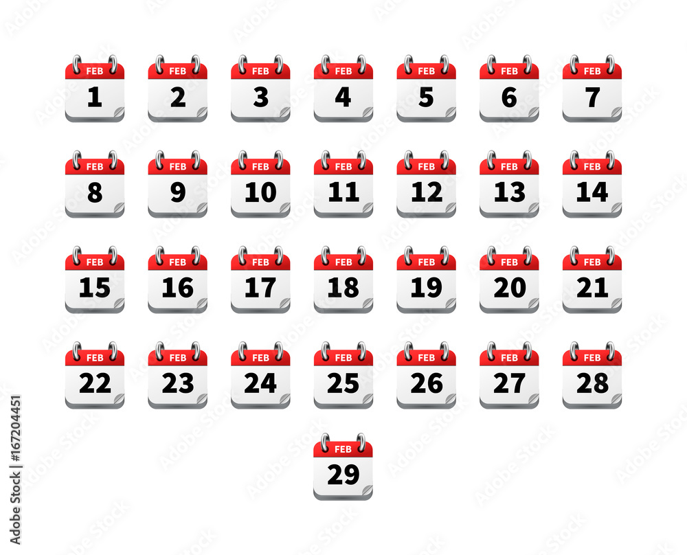 Set of bright realistic icons of calendar on february isolated on white Set of bright realistic icons of calendar on february isolated on white