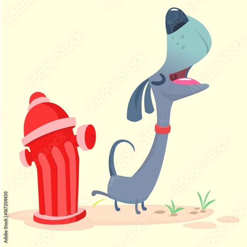Cartoon Purebred Dachshund   pee on hydrant. Vector illustration