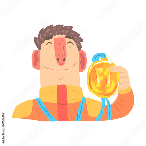 Car racing driver man in an orange uniform holding golden medal, racing participant vector Illustration