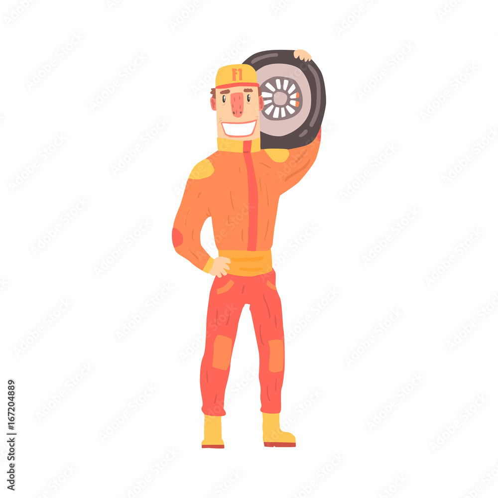 Pit stop technician worker in an orange uniform holding car wheel, member of racing team vector Illustration Pit stop technician worker in an orange uniform holding car wheel, member of racing team vector Illustration