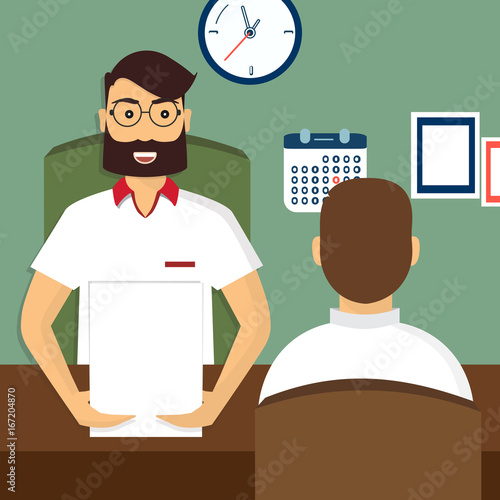 HR recruitment. Interview with the candidate positions. Job interview concept. Vector illustration, flat cartoon style. Business human resources