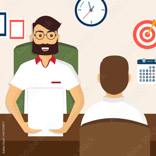 HR recruitment. Interview with the candidate positions. Job interview concept. Vector illustration, flat cartoon style. Business human resources