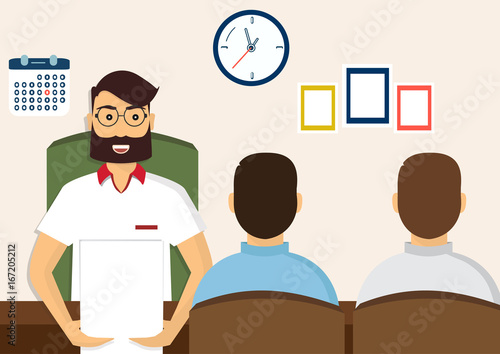 HR recruitment. Interview with the candidate positions. Job interview concept. Vector illustration, flat cartoon style. Business human resources