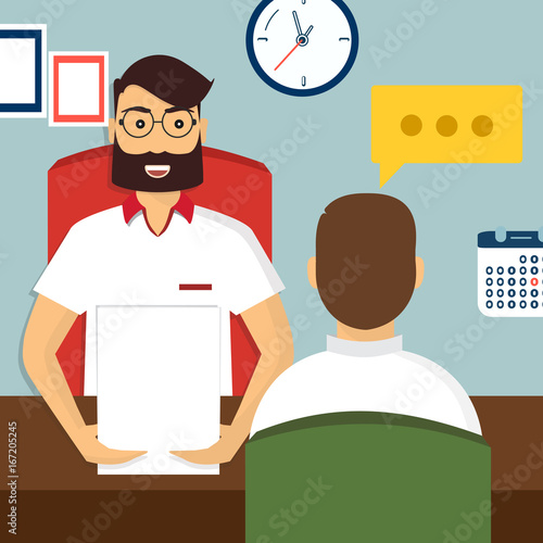 HR recruitment. Interview with the candidate positions. Job interview concept. Vector illustration, flat cartoon style. Business human resources