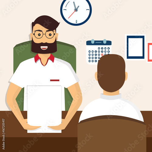 HR recruitment. Interview with the candidate positions. Job interview concept. Vector illustration, flat cartoon style. Business human resources