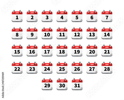 Set of bright realistic icons of calendar on january isolated on white
