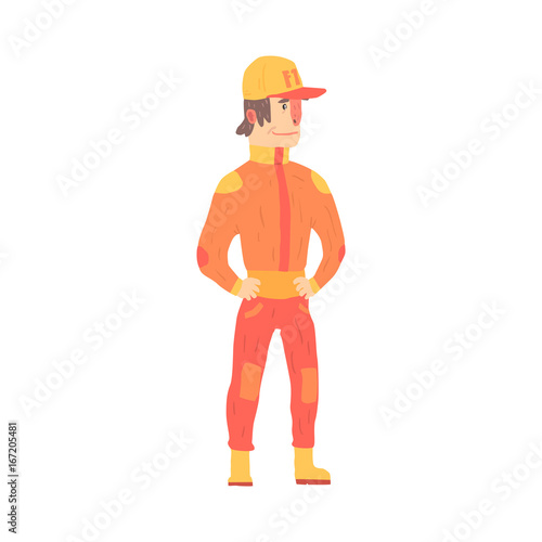 Car racing driver man in an orange uniform, member of racing team vector Illustration