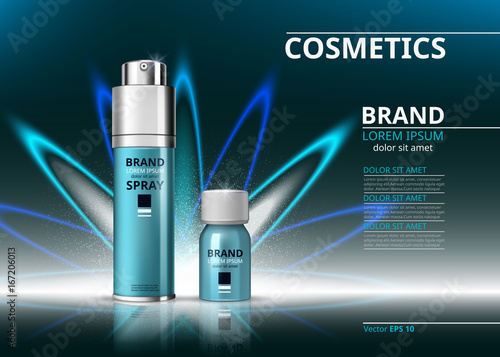 Cosmetic realistic package ads template. Hydrating face serum and spray products bottles. Mockup 3D illustration. Sparkling effects background