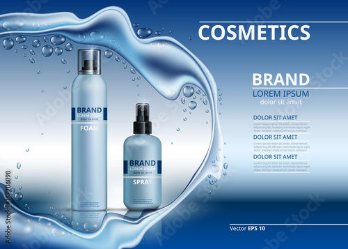 Cosmetic realistic package ads template. Body foam and hydrating spray gel pr...