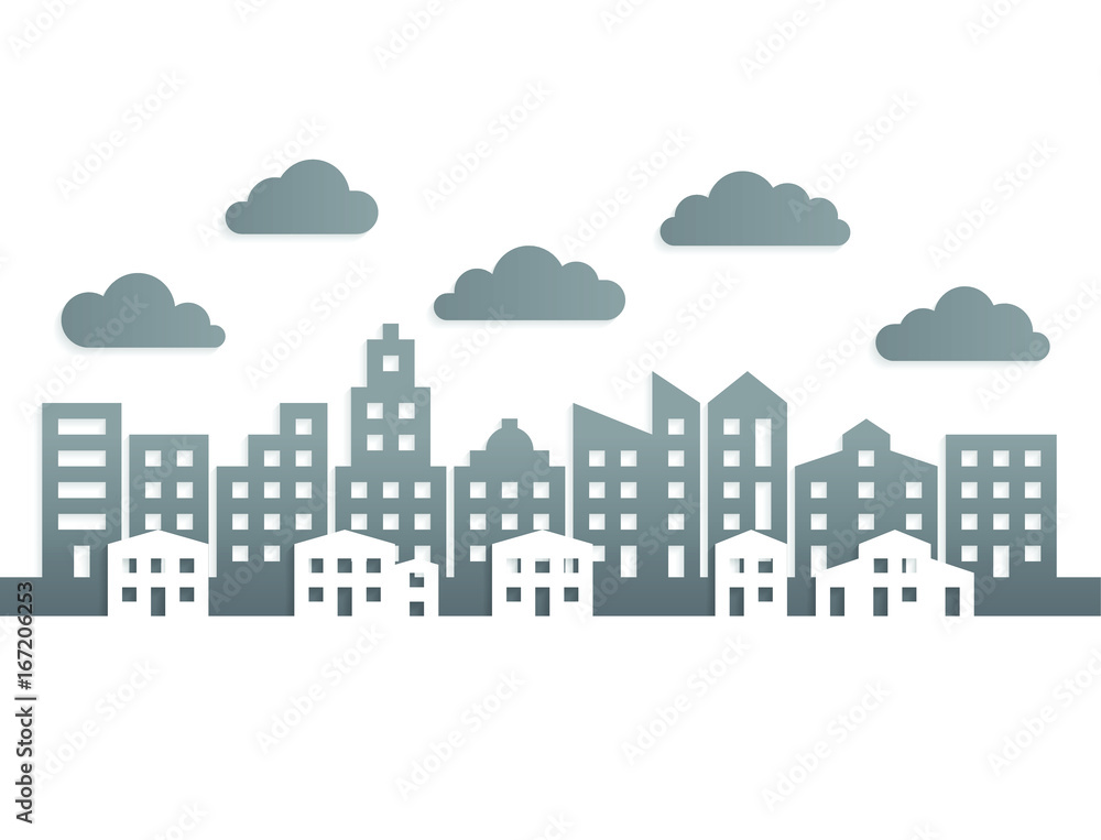 Buildings black paper with cloud isolated on white background