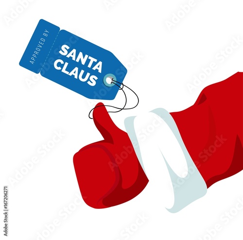 Santa Claus Thumbs up approval sign with price tag. Approved by santa. Shopping concept. Vector flat illustration