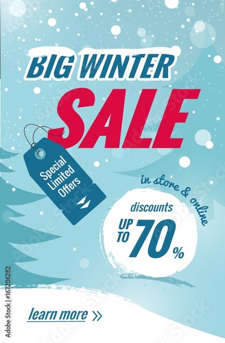 Big winter sale vertical banner. Snowy background with winter landscape. Vector illustration
