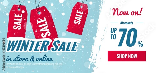 Winter sale blue and red horizontal banner.Snowy sale poster with price tags and brush strokes.    Vector illustration.