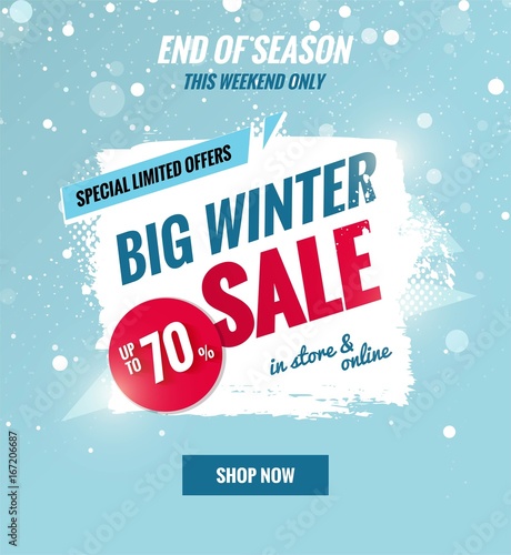 Big winter sale dynamic banner.Sale poster with brush strokes.    Vector illustration.