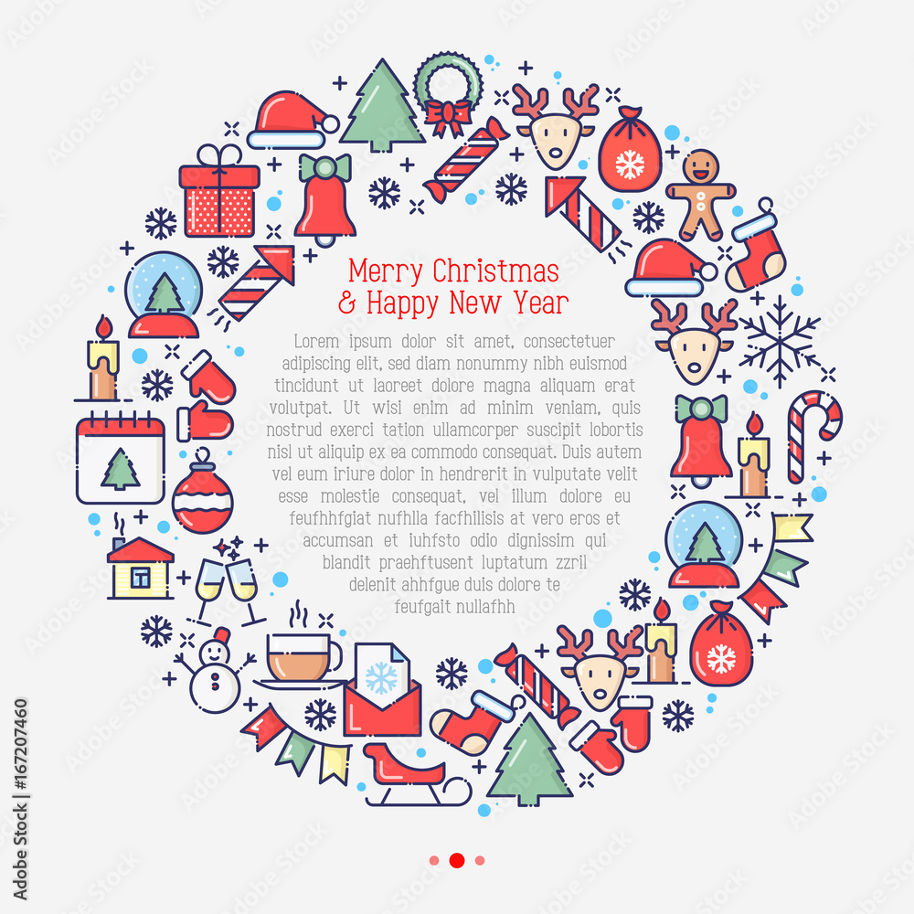 Christmas celebration concept in circle with thin line New Year and Christmas symbols for web page, banner, invitation, greeting card, print media. Vector illustration. Christmas celebration concept in circle with thin line New Year and Christmas symbols for web page, banner, invitation, greeting card, print media. Vector illustration.