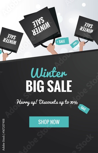 Big winter sale vertical banner. Winter sale background with shopping bags in shoppers hands. Vector winter illustration