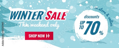 Big winter sale horizontal banner. Snowy background with winter landscape. Vector illustration