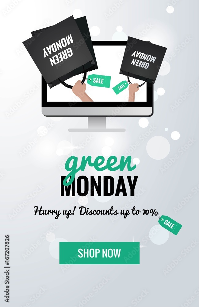 Obraz premium Green monday sale sparkling banner. Green monday background with shopping bags in computer display. Vector winter illustration