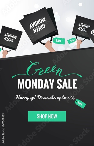 Green monday sale vertical banner. Green monday background with shopping bags in shoppers hands. Vector winter illustration