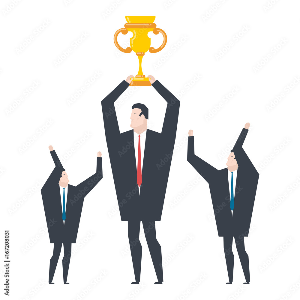 Business winner. businessman holds gold cup in his hands. Award for victor Business winner. businessman holds gold cup in his hands. Award for victor