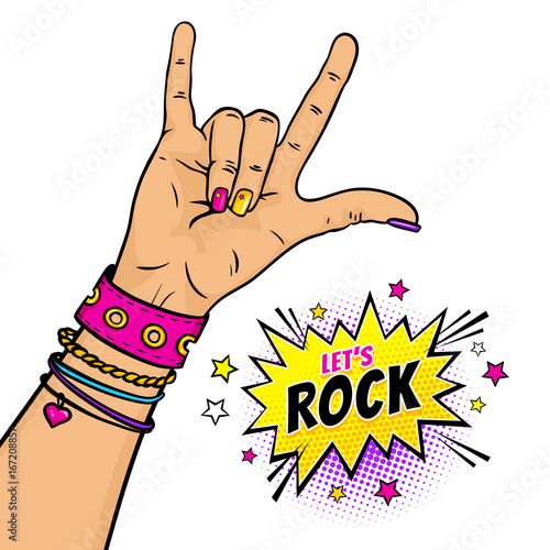 Cartoon illustration with female hand with rock n roll sign and Let's Rock dynamic speech bubble with stars. Vector colorful hand drawn objects in retro comic style isolated on white background.